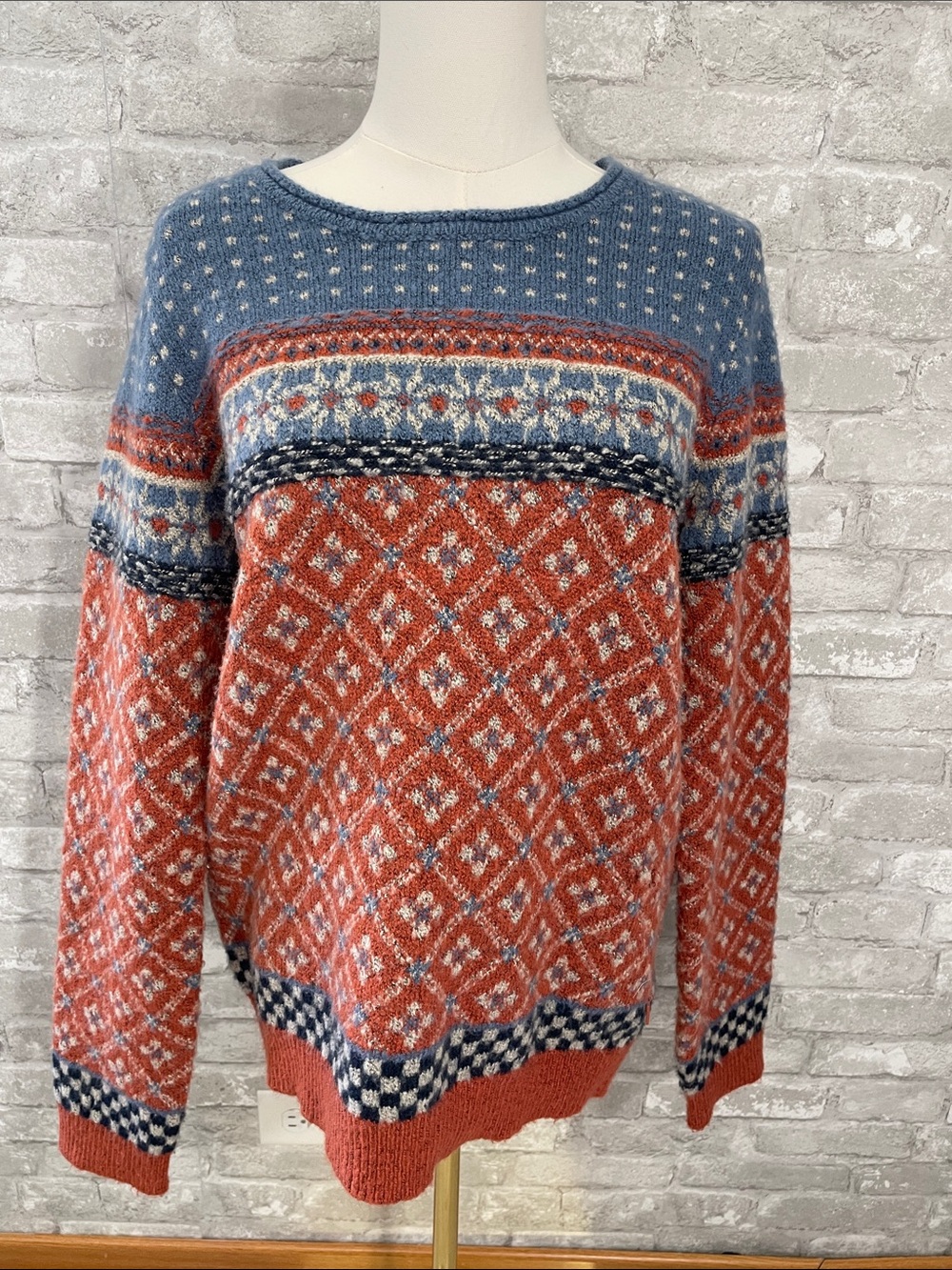 Weird Fish Cozy Fair Isle Crewneck Sweater - Rust & Blue